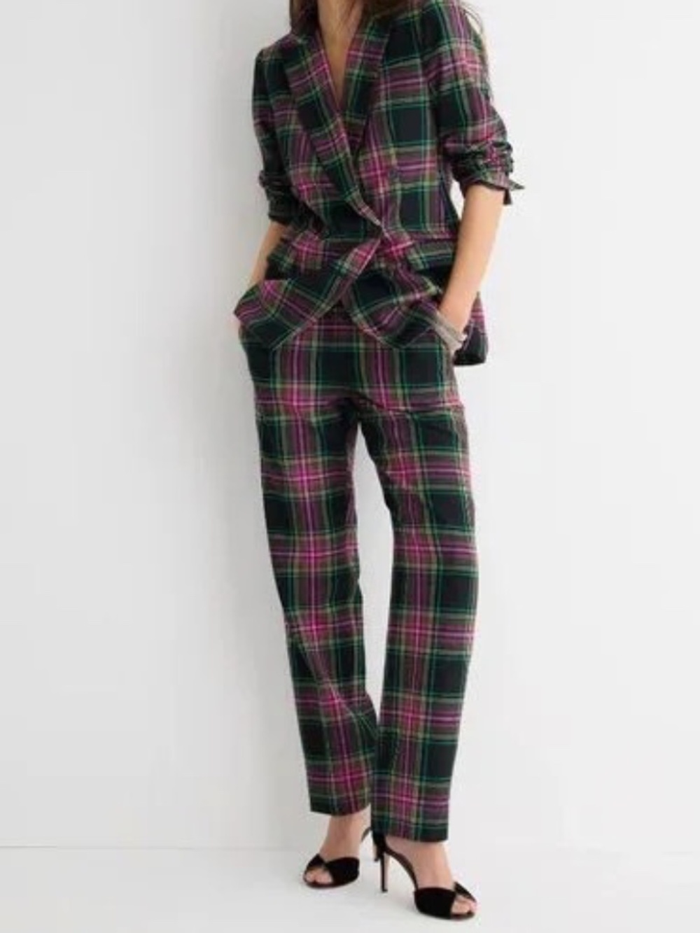 J. Crew Kate Straight-Leg Pant in Pink Stewart Tartan Wool Blend